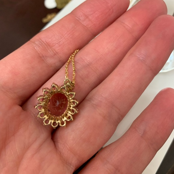 Pink Tourmaline & Diamond 14K YG SUNBURST Pendant w/ 18” Chain - Picture 7 of 10